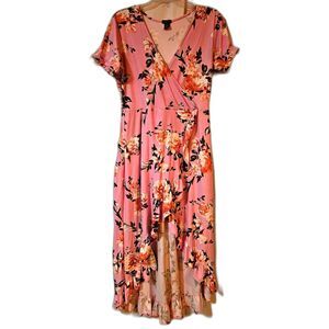 Rue21 Pink Floral High Low Dress XL | Soft Stretch Short Sleeve Boho Maxi Dress